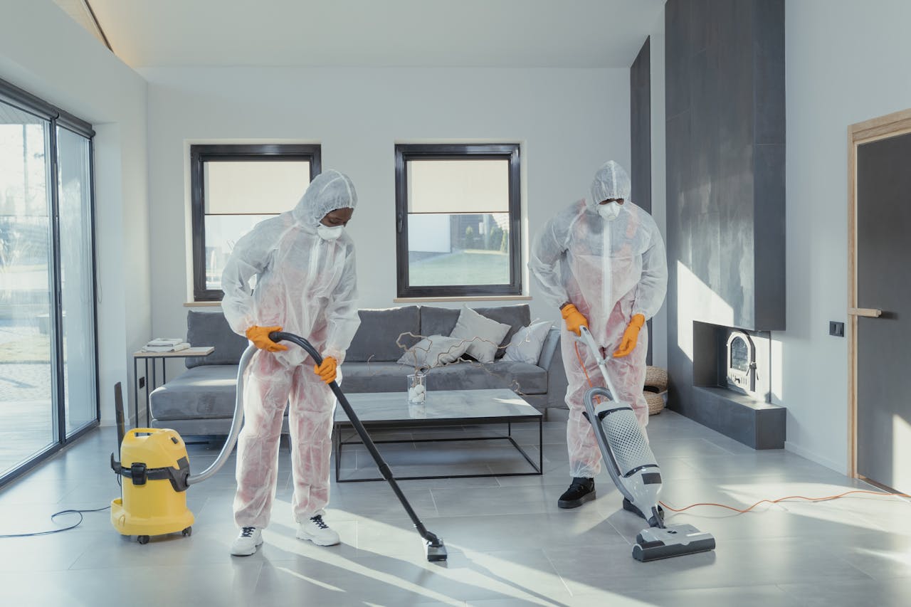 Two workers in protective gear vacuum and disinfect a modern living room.